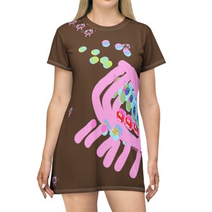 Women Brown T-shirt dress with brand detail in pink pattern - Comfortable T-Shirt Dress - Casual and Versatile Women's Fashion, Trendy dress