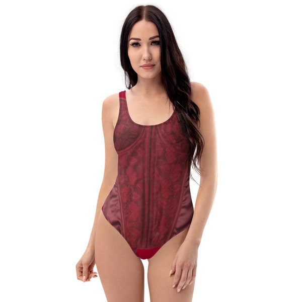 One-Piece Women swimwear in red wine with elegant and beautiful detail print, attractive boho swimsuit