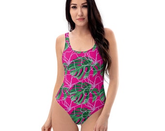 Purple Leaf Print One-Piece Swimsuit: Flattering Modest Swimwear