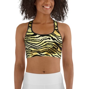 Women&#39;s Longline Sports Bra in black ,yellow and white  stripe Accent - Gym, Sports, and Biking Activewear