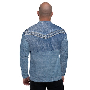 Unisex Denim Bomber Jacket with brand detail, very stylish and trendy, sportwear, casual wear for men