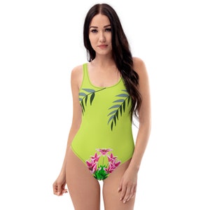 Flattering Modest One-Piece Swimsuit -Trendy Classy Swimwear for Women | Flattering Swimwear | One-Piece Lycra lime green floral swimwear,