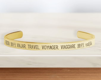 Travel Wanderlust Cuff Bracelet, unique multilingual travel jewelry, gifts for a traveler or adventurer