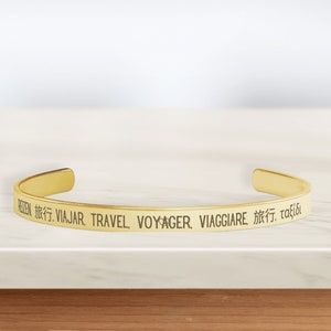 Travel Wanderlust Cuff Bracelet, unique multilingual travel jewelry, gifts for a traveler or adventurer image 1