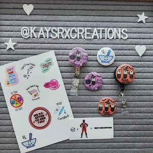 Pharmacy badge reel, buttons & sticker bundle! (Halloween)