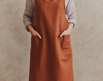 Rust Orange Linen Crossover Cooking Workwear Garden Apron