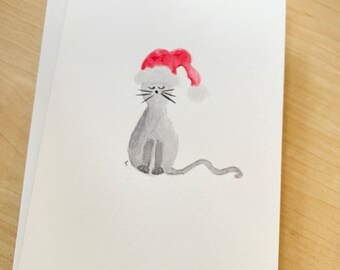 Hand Painted Watercolor Note Card Santa Kitty Christmas Greeting Card Santa Hat on a Cat