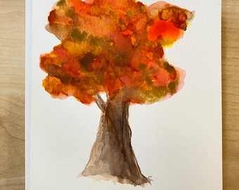 Hand Painted Watercolor Note Greeting Card Fall Autumn Leaves Tree