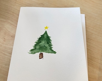 Hand Painted Watercolor Note Card Christmas Tree with Star