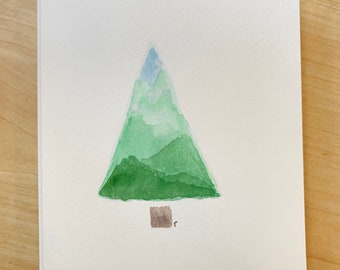 Hand Painted Watercolor Notecard Blue Ridge Mountains Christmas Tree Nature Greeting Card