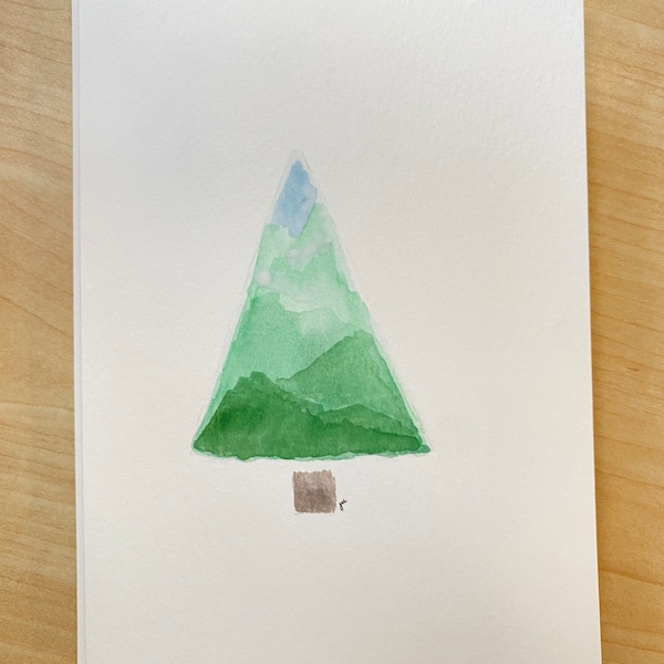 Hand Painted Watercolor Notecard Blue Ridge Mountains Christmas Tree Nature Greeting Card