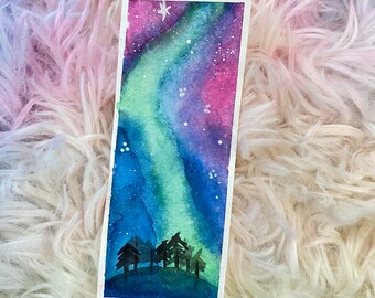 Hand Painted Aurora Borealis Space Watercolor Bookmark, Custom Bookmark, Reader Gift, School, Students