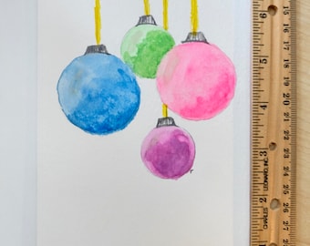 Hand Painted Textured Watercolor Note Card Christmas Ornaments Holiday Party Bright