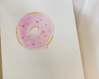 Hand Painted Watercolor Note Card Pink Donuts Yummy Greeting Card