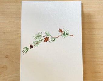 Hand-painted Watercolor Note Card Winter Pinecone Tree Nature Greeting Card