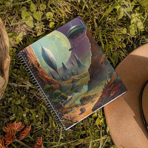 May include: A spiral-bound notebook with a fantasy landscape illustration featuring airships, a large moon, and a colorful sky. The notebook rests on grass next to a brown hat, a basket of pinecones, and orange flowers.