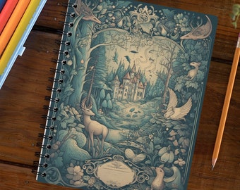 Puede incluir: Un cuaderno de espiral azul con una ilustración detallada de una escena de bosque con un castillo en el fondo. La ilustración incluye un ciervo, pájaros y otras criaturas del bosque. El cuaderno tiene una etiqueta en blanco en la portada.