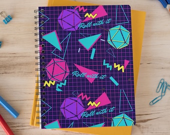 Roll With It DnD Notebook, Retro 80s Style Dungeons and Dragons, Rad Dungeon Master Gift, Geeky Lined Notebook, Game Night Journal