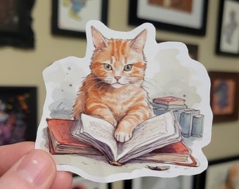 Cute Orange Tabby Sticker, Meow Meow, Cat Lady Reading Gift, Present for Her, Gift for Librarian, Cat Lover Sticker, Cute Watercolor Art