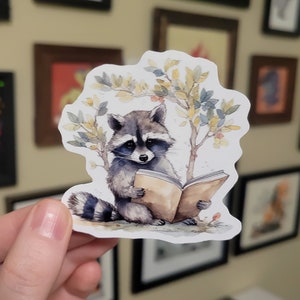 Cute Raccoon Reading in a Tree, Adorable Trash Panda Sticker, One More Chapter, Cute Gift for Reader, To Be Read List, Adorable Watercolor