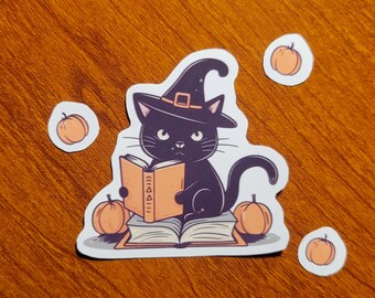 Cute Halloween Cat Reading Sticker, Mini Pumpkin Stickers, Black Cat Halloween, Fall Season Scrapbooking, Spooky Fan Gift, Read Every Day