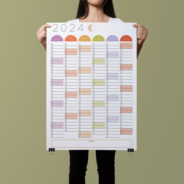 2024 Half Year Wall Calendar, Dated Yearly Wall Planner, Large Wall Calendar, Printable Digital Download, Family Wall Calendar, Colorful