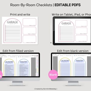 May include: A digital image showing a set of printable checklists for organizing different rooms in a house. The checklists are designed to be used with a tablet, iPad, or phone. The image shows a checklist for a garage, laundry room, and pantry. The checklists are available in both pre-filled and blank versions.