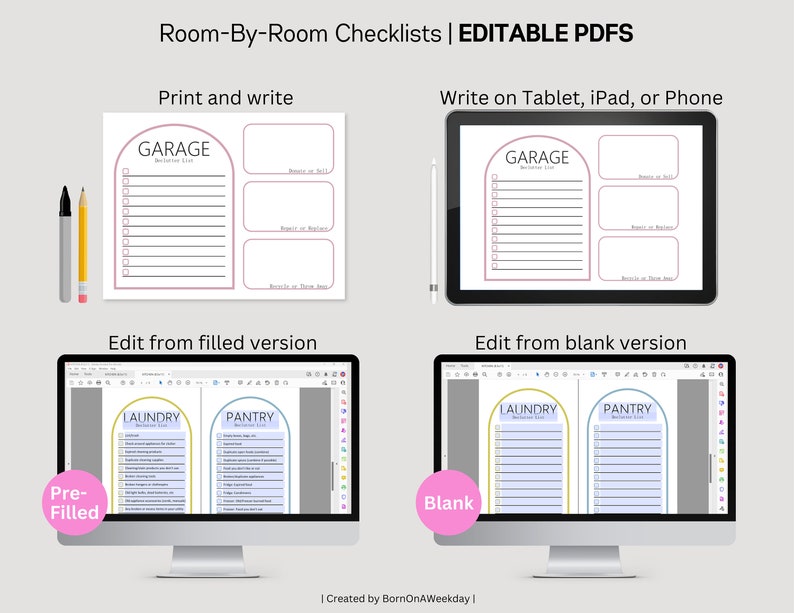 May include: A digital image showing a set of printable checklists for organizing different rooms in a house. The checklists are designed to be used with a tablet, iPad, or phone. The image shows a checklist for a garage, laundry room, and pantry. The checklists are available in both pre-filled and blank versions.
