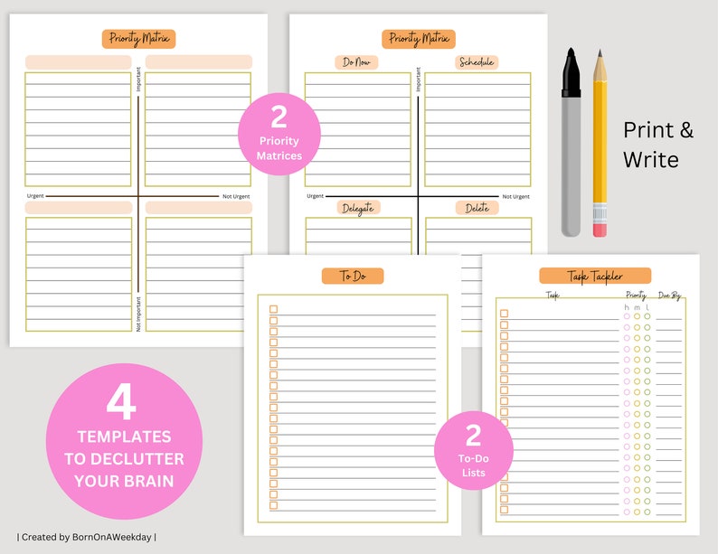 May include: Four printable templates to help declutter your brain. The templates include two priority matrices, two to-do lists, and a task tracker. The templates are designed with a peach and yellow color scheme.
