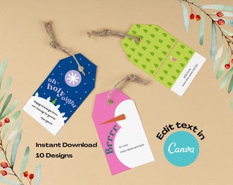 Modern Christmas Gift Tags, Editable Holiday Favors (Printable PDF & Canva)