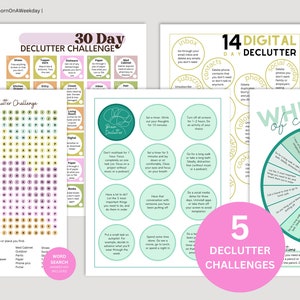 May include: Five printable decluttering challenge worksheets with a green and pink color scheme. The worksheets include a 30-day declutter challenge, a 14-day digital declutter challenge, a word search, a wheel of calm, and a 30-day declutter challenge.
