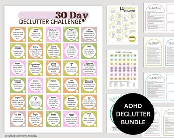 ADHD Decluttering Bundle, 30 Day Declutter Challenge, Room By Room Checklist, Digital Declutter, Priority Matrix, To Do List, Colorful