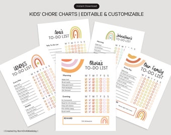 Boho Rainbow Kids Chore Chart: Editable Weekly Planner (Printable)