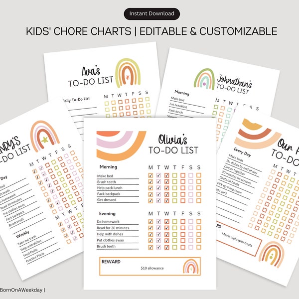 Editable Kids Chore Charts, Personalized, Weekly Chores, To Do List, Cleaning Planner, Chore List, Kids Routine, Printable, Boho Rainbow
