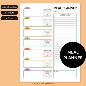 Afdrukbare maaltijdplanner en boodschappenlijst, kleurrijke week- en maandmenuplanner, voorraadlijst voorraadkast, voedseldagboek, gezondheid en fitness