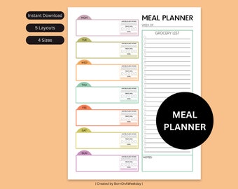 Weekly Meal Planner Printable: Colorful Menu, Grocery List (Digital Download)