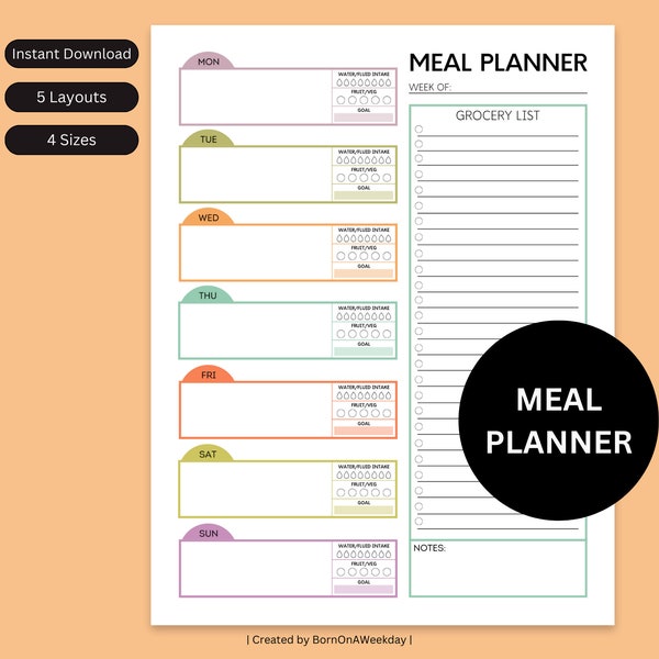 Printable Meal Planner and Grocery List, Colorful Weekly and Monthly Menu Planner, Pantry Restock List, Food Journal, Health & Fitness