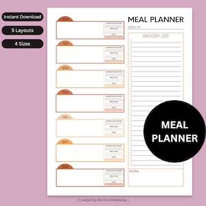 Printable Meal Planner and Grocery List, Weekly and Monthly Menu Planner, Pantry Restock List, Food Journal, Health & Fitness, Boho