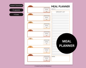 Printable Weekly Meal Planner: Grocery List, Food Journal (Digital Download)
