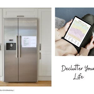 May include: A 30-day decluttering challenge checklist on a tablet computer. The checklist is color-coded and includes a variety of tasks to help declutter your life. The tablet is being held by a person sitting on a couch. The text "Declutter Your Life" is written below the image.