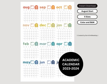 PRINTABLE 2023-2024 Academic Wall Planner, August Start, Large Wall Calendar, Annual Mid Year Calendar, School Year Planner, Modern