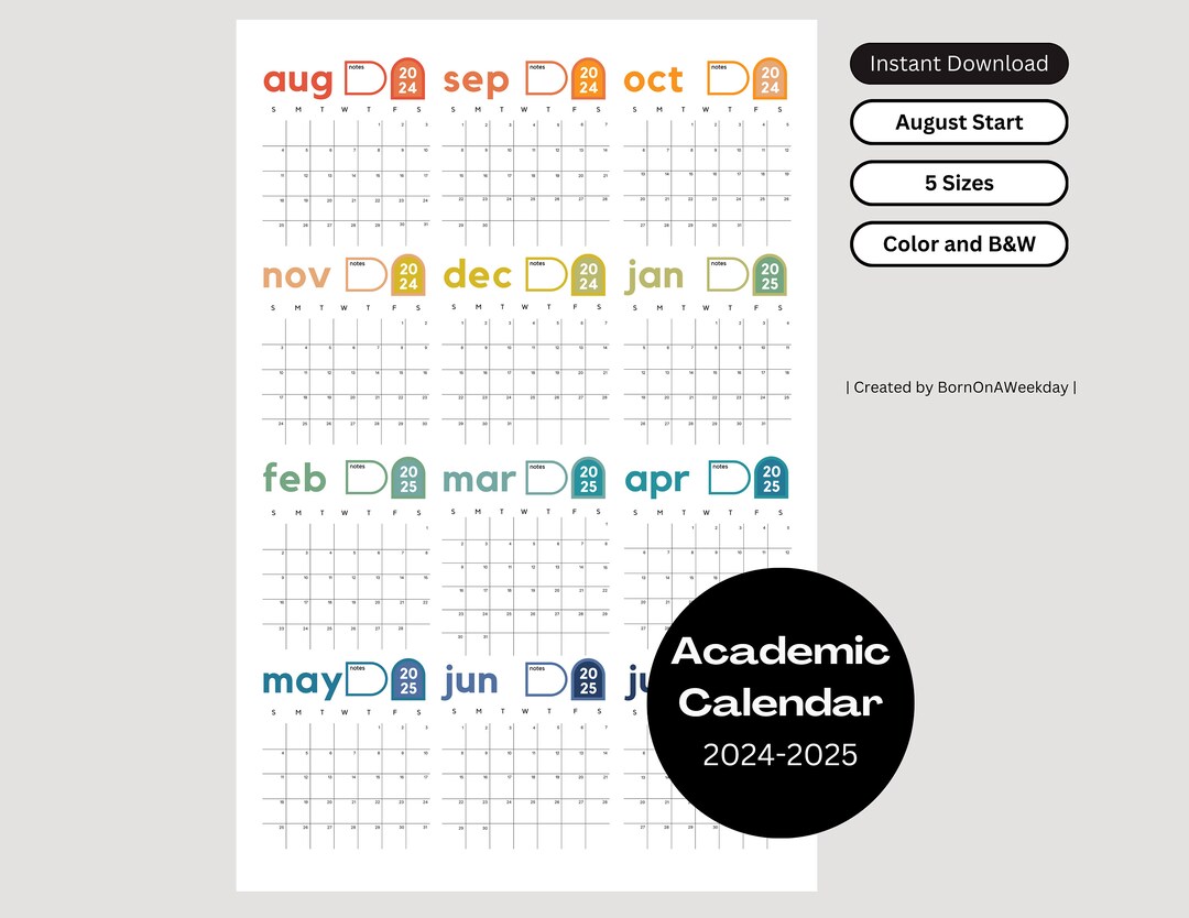 PRINTABLE 2024-2025 Academic Wall Planner, August Start, Large Wall Calendar, Annual Mid Year ...