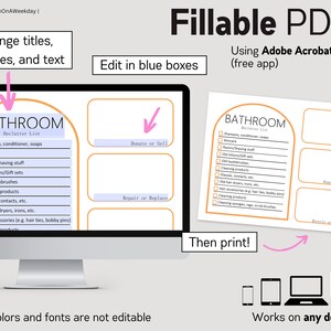 May include: A digital image showing a printable decluttering checklist for a bathroom. The checklist is organized in a list format with checkboxes next to each item. The checklist is titled "Bathroom Declutter List". The image also shows a computer screen with the checklist open in a PDF format. The text "Edit in blue boxes" is displayed above the computer screen. The text "Then print!" is displayed below the computer screen. The image also shows a smartphone, tablet, laptop, and desktop computer, all displaying the checklist. The text "Works on any device!" is displayed below the devices.