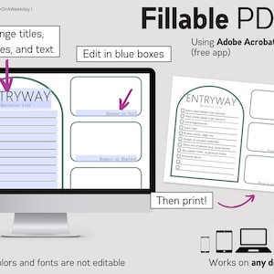 Puede incluir: Una ilustraci&oacute;n digital que muestra una pantalla de computadora con una lista de verificaci&oacute;n imprimible para ordenar una entrada. La lista de verificaci&oacute;n incluye art&iacute;culos como abrigos adicionales, zapatos, bolsos y paraguas. El texto en la pantalla dice "Lista de ordenamiento de la entrada" y "Donar o vender". La imagen tambi&eacute;n muestra un tel&eacute;fono inteligente, una tableta y una computadora port&aacute;til, con el texto "&iexcl;Funciona en cualquier dispositivo!"