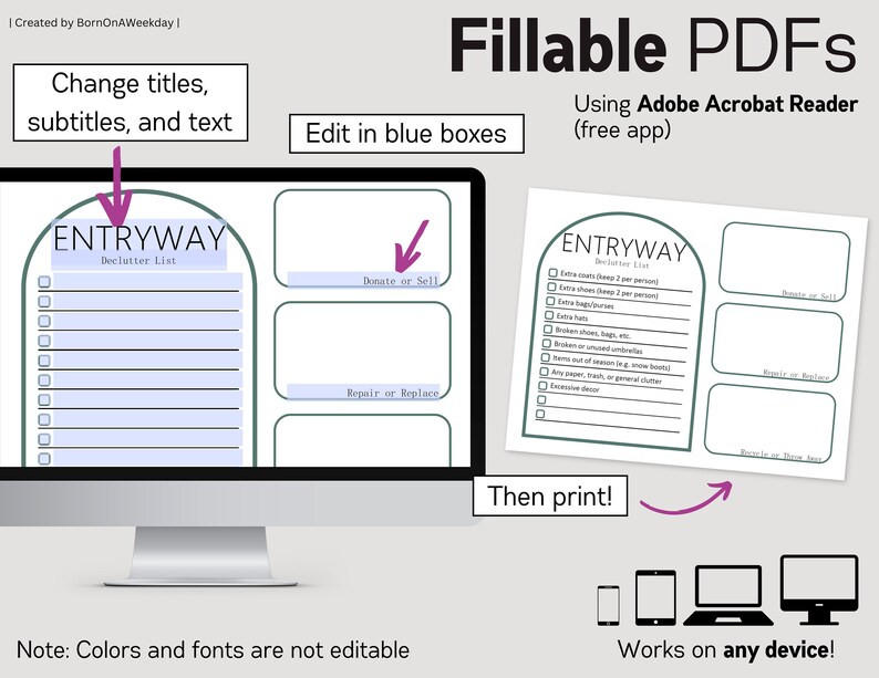 Puede incluir: Una ilustraci&oacute;n digital que muestra una pantalla de computadora con una lista de verificaci&oacute;n imprimible para ordenar una entrada. La lista de verificaci&oacute;n incluye art&iacute;culos como abrigos adicionales, zapatos, bolsos y paraguas. El texto en la pantalla dice "Lista de ordenamiento de la entrada" y "Donar o vender". La imagen tambi&eacute;n muestra un tel&eacute;fono inteligente, una tableta y una computadora port&aacute;til, con el texto "&iexcl;Funciona en cualquier dispositivo!"