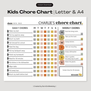 Gráfico de tareas para niños editable, gráfico de responsabilidad semanal diaria para niños, lista de tareas para niños, lista de verificación de rutina, imprimible, género neutro, moderno