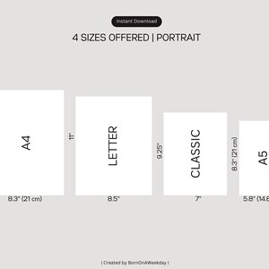 May include: A chart showing four different sizes of printable paper, including A4, Letter, Classic, and A5. The sizes are listed in inches and centimeters.