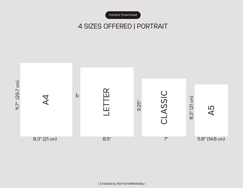 May include: A chart showing four different sizes of printable paper, including A4, Letter, Classic, and A5. The sizes are listed in inches and centimeters.