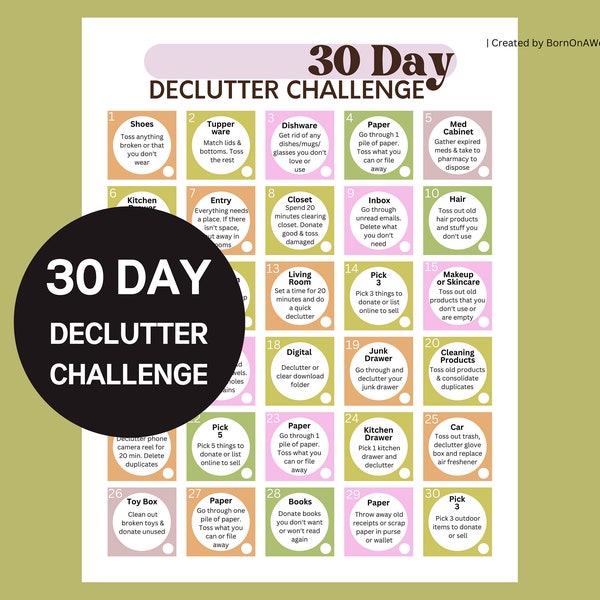 30 Day Declutter Challenge, Home Declutter Planner, Spring Clean, Declutter Checklist, Cleaning Checklist, Printable Download, Colorful