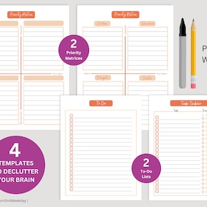 Puede incluir: Cuatro plantillas imprimibles para organizar tareas y despejar tu mente. Las plantillas incluyen dos matrices de prioridad, dos listas de tareas pendientes y un rastreador de tareas con columnas de prioridad y fecha de vencimiento.